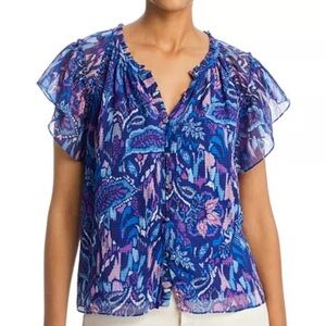 NWT RAMY BROOK Ember Flutter Short Sleeve Button Front Lined Blouse Size Small
